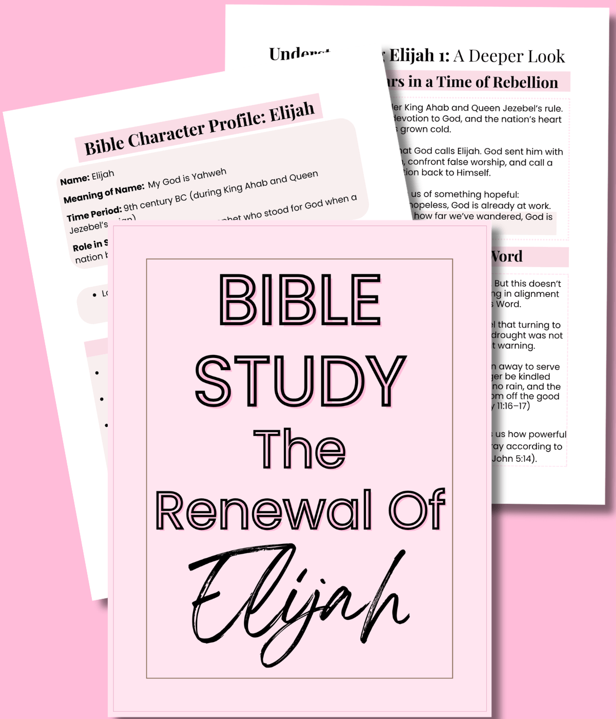 Hero mockup of the free Elijah Bible Study PDF cover with two inside preview pages